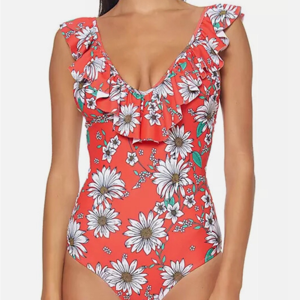 Jessica Simpson Floral Ruffle Swimsuit - Coral